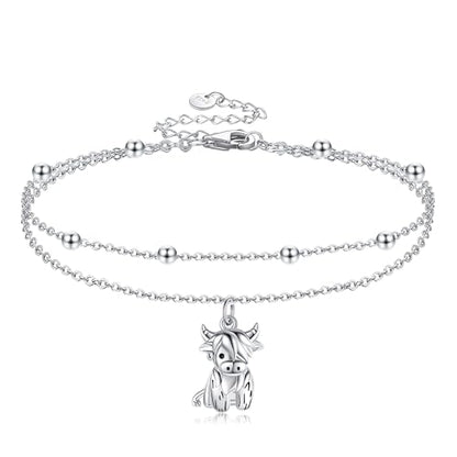 POPLYKE Frog/Pearl/Dragonfly/Ladybug/Highland Cow/Pearl/Moonstone Anklets Sterling Silver Double Layered Chain Beach Anklets for Women Foot Jewelry - style: Highland Cow Anklets