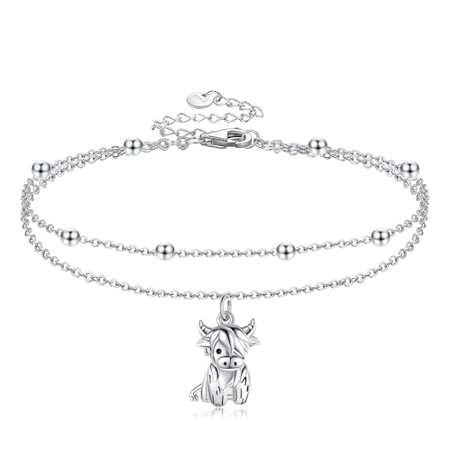 POPLYKE Frog/Pearl/Dragonfly/Ladybug/Highland Cow/Pearl/Moonstone Anklets Sterling Silver Double Layered Chain Beach Anklets for Women Foot Jewelry - style: Highland Cow Anklets