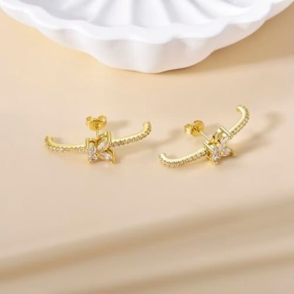 CZ Suspender Cuff Stud Earrings Wrap Earlobe Silver Post Cubic Zirconia Minimalist Jewelry for Women - color: Gold Butterfly CZ