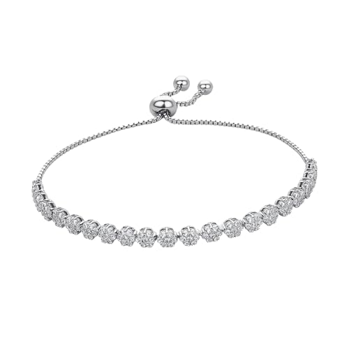 LeCalla 925 Sterling Silver Sliding Bolo Bracelet | Adjustable Beaded Tennis Bracelets for Women | Adjustable Slider Bolo Bracelets Gifts for Her - color: Flower Shaped CZ