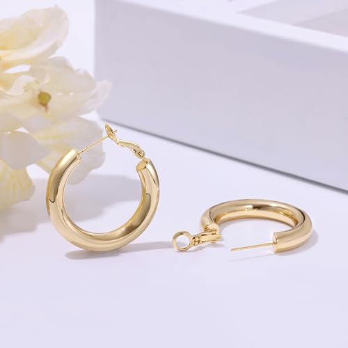 sovesi Chunky Hoop Earrings for Women, 14K Gold Plated Thick Hoops | 5mm Thick Hollow Tube Chunky Lightweight Hypoallergenic Hoop Earrings for Women - style: Gold 30MM