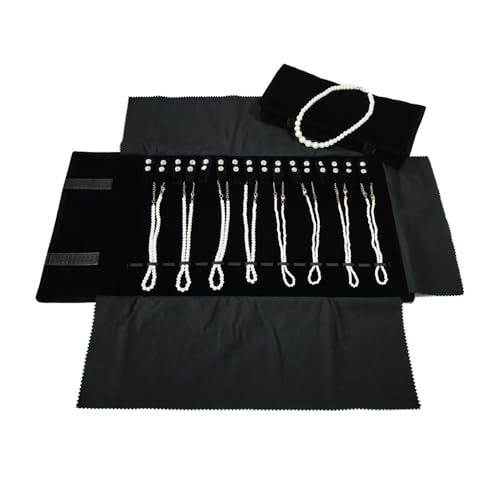 Travel Necklace Organizer, Portable Velvet Jewelry Case,16 Slots | Removable Snap, Foldable, Chains Bracelets Storage Jewelry Roll Bag, Space-Saving,Gift for Women Girls BFF,Black with elastic