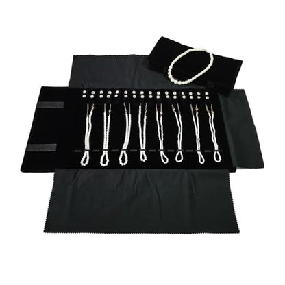 Travel Necklace Organizer, Portable Velvet Jewelry Case,16 Slots | Removable Snap, Foldable, Chains Bracelets Storage Jewelry Roll Bag, Space-Saving,Gift for Women Girls BFF,Black with elastic