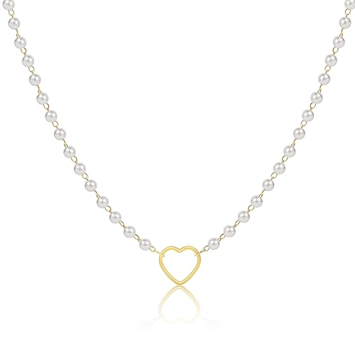 Dainty Pearl Pendant Necklaces for Women 14K Gold Plated Handmade Layered Pearl Chain Necklace Delicate Layered Pearl Necklace Everyday Jewelry Gift - color: Hollow heart+pearl-Gold