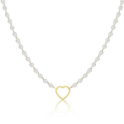 Dainty Pearl Pendant Necklaces for Women 14K Gold Plated Handmade Layered Pearl Chain Necklace Delicate Layered Pearl Necklace Everyday Jewelry Gift - color: Hollow heart+pearl-Gold