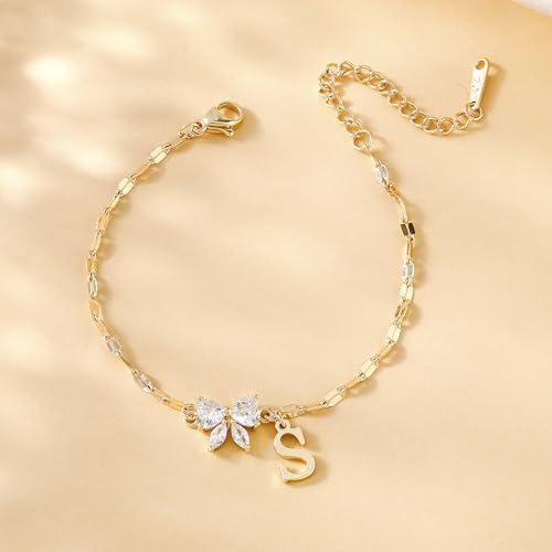 Gold Initial Bracelet for Women Teen Girls 14k Gold Plated Dainty Butterfly Charm Letter Bracelet for Birthday Jewelry Gifts - color: Gold-M