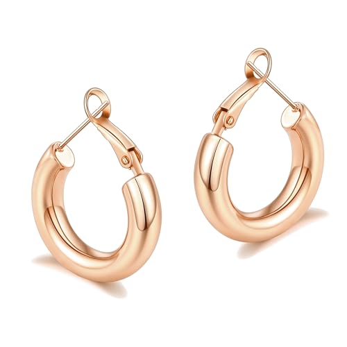 sovesi Chunky Hoop Earrings for Women, 14K Gold Plated Thick Hoops | 5mm Thick Hollow Tube Chunky Lightweight Hypoallergenic Hoop Earrings for Women - style: Rose Gold 22MM