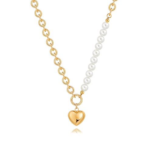 18k Gold Plated Chain Link Necklace for Women, Baroque Pearl/Compass Pendant Necklace - color: Half Pearl