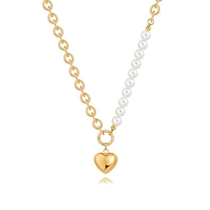 18k Gold Plated Chain Link Necklace for Women, Baroque Pearl/Compass Pendant Necklace - color: Half Pearl