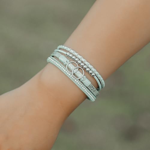 Chunky Boho Leather Wrap Bracelets Cowgirl Beaded Circle Western Jewelry | Stackable Infinity Layered Bohemian Magnetic Clasp Cuff Statement Fashion Colorful Country Hippie Outfits for Women Trendy - color: Teal