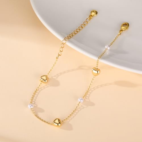 Gold Pearl Bracelet for Women, 18K Gold Plated Dainty Pearls Beaded Chain Bracelet Jewelry Gifts for Women - color: E-Gold 5