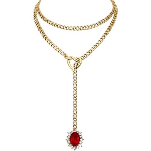 Women's Heart O-Ring Slip Chain Necklace, Double Layered Adjustable 39'' Cuban Chain with Detachable Heart Clasp and Colorful Rhinestone Pendant - color: 39'' Gold-Royal Red