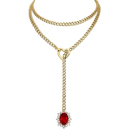 Women's Heart O-Ring Slip Chain Necklace, Double Layered Adjustable 39'' Cuban Chain with Detachable Heart Clasp and Colorful Rhinestone Pendant - color: 39'' Gold-Royal Red