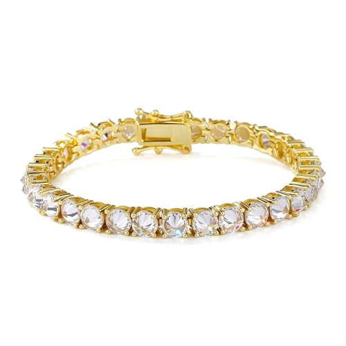 TOPGRILLZ Tennis Bracelets for Women Men, 1 Row 5 mm Cubic Zirconia Bracelet, Iced out Reverse-Set Stone, Box Clasp Anniversary Fashion Jewelry 7-8 Inches - color: Gold Clear