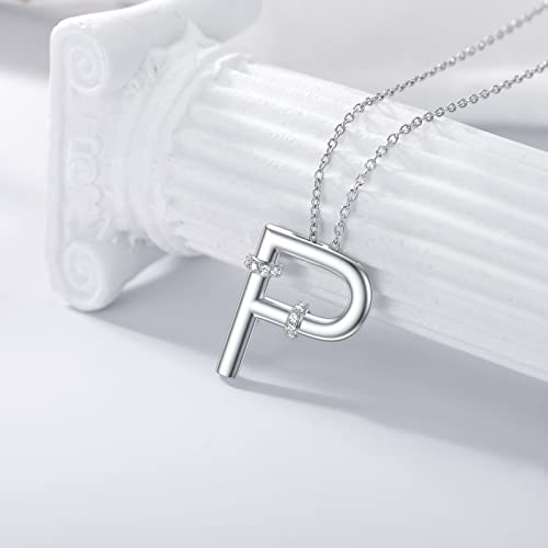 Initial Pendant Necklace 14K White Gold Plated A-Z 26 Letter Alphabet Pendant 925 Sterling Silver Jewelry Gift for Women Girls Teens - style: Alphabet - P