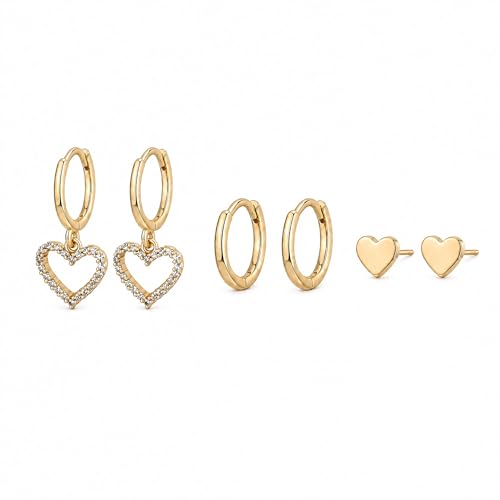 3 Pairs Small Hoop Earring Stacks, 14K Gold Plated Dangle Earrings for Multiple Piercing Cartilage, Dainty Gold Stud Hoop Gifts for Women Valentine's Christmas Holiday Daily Wear - color: Heart
