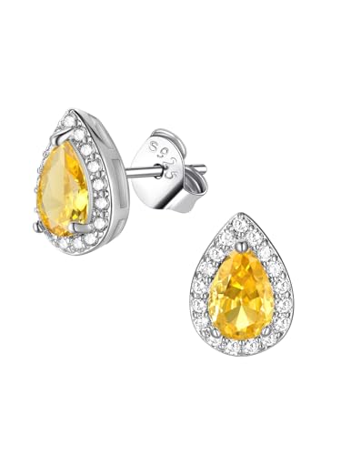 FindChic Birthstone Earrings for Women, Round/Heart/Square/Teardrop Earrings with 925 Sterling Silver Posts & Push Backs, Hypoallergenic Studs with Cubic Zirconia, 12 Months Jewelry with Gift Box - style: 11. November-Yellow Topaz (Teardrop)