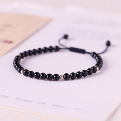 Natural Stone&925 Sterling Silver/18K Gold Anklet,│4MM│9-12 in│, Hand Woven, Adjustable Size - color: Black Tourmaline Anklet，4MM