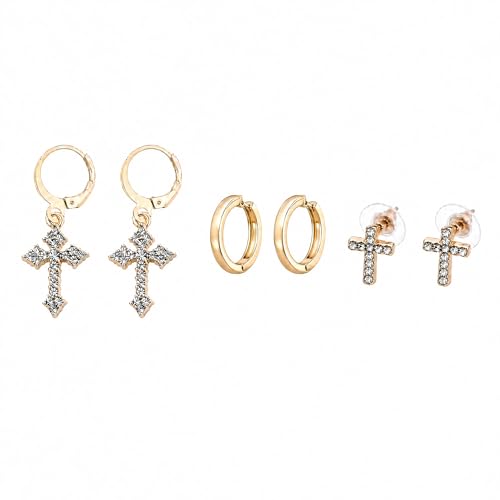 3 Pairs Small Hoop Earring Stacks, 14K Gold Plated Dangle Earrings for Multiple Piercing Cartilage, Dainty Gold Stud Hoop Gifts for Women Valentine's Christmas Holiday Daily Wear - color: Cross