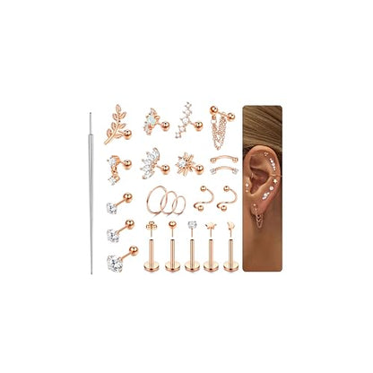 ORAZIO 16 Gauge Cartilage Earrings for Women-Hypoallergenic Surgical Stainless Steel Tragus Earring Set Threadless Flat Back Earrings Push in Nose Studs Daith Conch Tragus Helix Piercing Jewelry - color: Rose Gold Tone