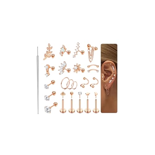 ORAZIO 16 Gauge Cartilage Earrings for Women-Hypoallergenic Surgical Stainless Steel Tragus Earring Set Threadless Flat Back Earrings Push in Nose Studs Daith Conch Tragus Helix Piercing Jewelry - color: Rose Gold Tone
