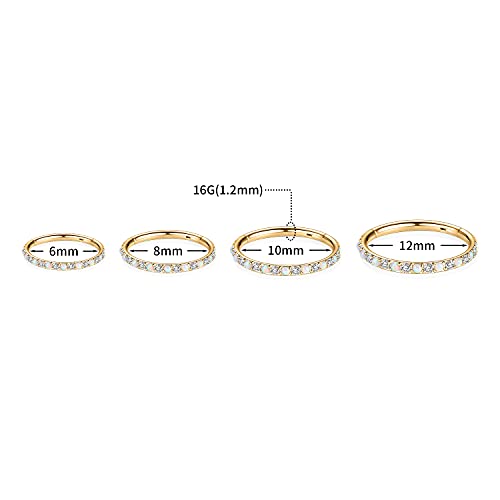 GAGABODY Surgical Steel Hypoallergenic Nose Ring Earring CZ Hoop for Unisex | Hinged Seamless Clasp,Used in Nostril,Septum,Lip,Eyebrow,Nipple and All Ear Piercings.22G to 12G,Inner Diameter 5mm to 14mm - color: Style5:Gold+Clear CZ & White Opal, size: 16G