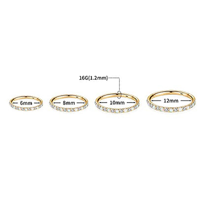 GAGABODY Surgical Steel Hypoallergenic Nose Ring Earring CZ Hoop for Unisex | Hinged Seamless Clasp,Used in Nostril,Septum,Lip,Eyebrow,Nipple and All Ear Piercings.22G to 12G,Inner Diameter 5mm to 14mm - color: Style5:Gold+Clear CZ & White Opal, size: 16G