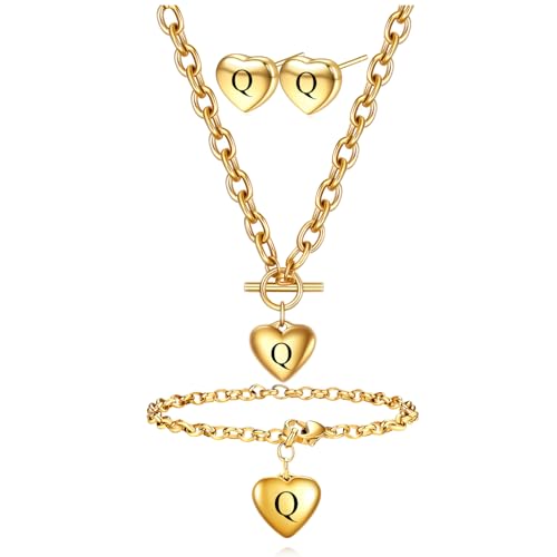 Women's 3 Pieces Heart Name Initial Necklace, Bracelet, Earrings, Jewelry Set Stainless Steel A-Z letters Jewelry Suits - color: Gold, size: Q