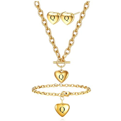 Women's 3 Pieces Heart Name Initial Necklace, Bracelet, Earrings, Jewelry Set Stainless Steel A-Z letters Jewelry Suits - color: Gold, size: Q
