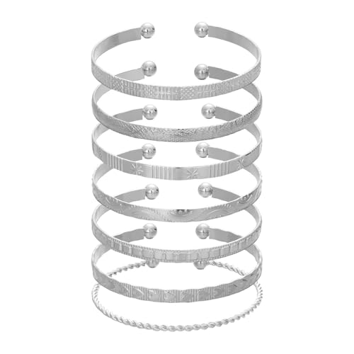 7 Pcs Gold Bangle Bracelets Multi Layer Stackable Cuff Bracelet Set Trendy Elegance Charms Non Tarnish Minimalist Textured Boho Jewelry for Women - color: Silver