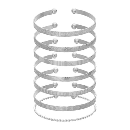 7 Pcs Gold Bangle Bracelets Multi Layer Stackable Cuff Bracelet Set Trendy Elegance Charms Non Tarnish Minimalist Textured Boho Jewelry for Women - color: Silver