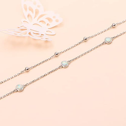 Flyow Anklet for Women S925 Sterling Silver Adjustable Foot Beaded Heart Charm Ankle Bracelet Anklets Jewelry - style: Opal