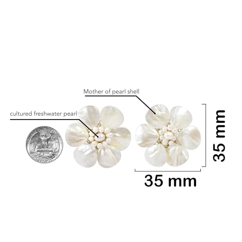 AeraVida Hand Carved White Mother of Pearl Flower Clip On Earrings Handmade Artisan Pearl Floral Statement Jewelry | Non Pierced Earrings for Women
