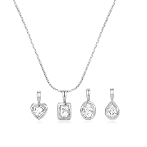 Interchangeable Removable CZ Charms Necklace, Gold Silver Stainless Steel Adjustable Box and Rice Bead Chain Minimalist Custom DIY Pendant Jewelry Gifts - color: Silver-A