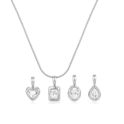 Interchangeable Removable CZ Charms Necklace, Gold Silver Stainless Steel Adjustable Box and Rice Bead Chain Minimalist Custom DIY Pendant Jewelry Gifts - color: Silver-A