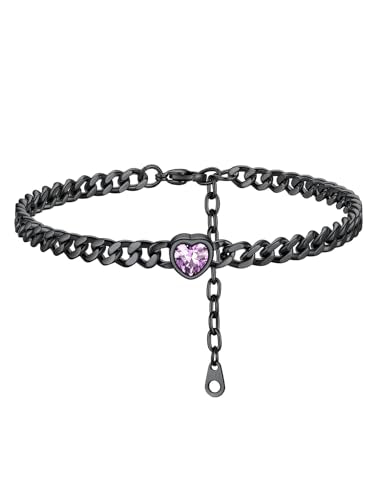 ChainsHouse Cuban Chain Anklets for Women with Heart Birthstone Jan - Dec | Stainless Steel Black Link Chain Ankle Bracelet with Birthstone, Beach Women Anklet 22cm-27cm Adjustable, with Gift Box - color: 06. Jun.-Alexandrite-Black