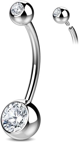 Internally Threaded Belly Button Ring G23 Titanium with Grade AAAAA Cubic Zirconia - 14g Implant Grade Titanium Belly Ring Piercing Jewelry Internal Thread - Bellybutton Rings Navel Jewelry For Women - color: Silver - 14mm
