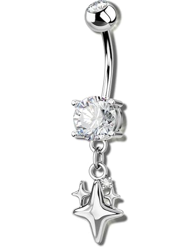 OUFER 14G Star Silver Gold Dangle Belly Button Ring 316L Surgical Stainless Steel CZ 10mm Bar Length Navel Piercing Jewelry for Women - color: Silver