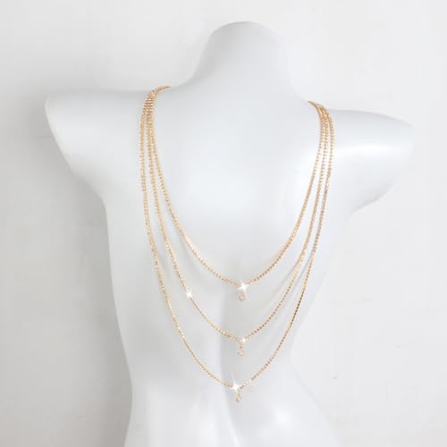Rhinestone Layers Back Necklace Chains for Backless Dress Shinny Bridal Wedding Shoulder Body Jewelry for Women Back Body Chain - color: Gold