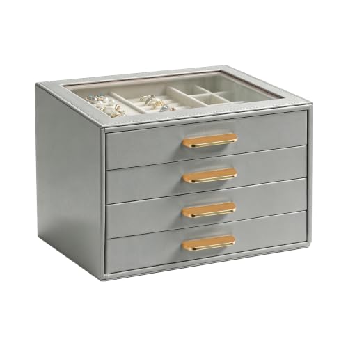 Homeanda Glass Lid Jewelry Boxes for Women, 4-Layer PU Leather Organizer with 3 Drawers, Display Storage for Rings Necklaces Earrings Bracelets Watches, Gift for Wife and Girls (Grey) - color: Grey, size: 4 Layer (8.4"D x 7.1"W)