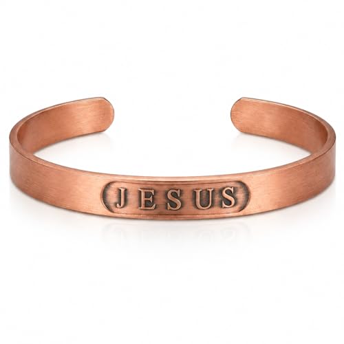 Pure Copper Bracelet for Men & Women, JESUS Engraved Adjustable Open Bangle, Uncoated Hammered Christian Jewelry Gift