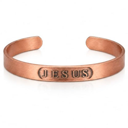 Pure Copper Bracelet for Men & Women, JESUS Engraved Adjustable Open Bangle, Uncoated Hammered Christian Jewelry Gift