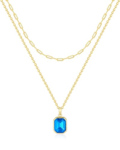 Gold Layered Necklaces for Women, 18k Gold Plated Crystal Necklace Paperclip Choker Emerald Green Jewelry for Women Gifts - color: Sea Blue