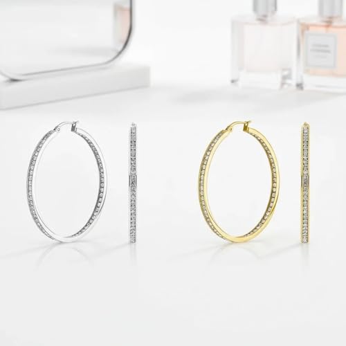 Stainless Steel Inside Out 40mm Hoop Earrings for Women – Sparkling CZ Crystal Hoops, Hypoallergenic, Lightweight, Modern Everyday Earrings – Silver, 18K Gold Plated, & Black Options - color: Silver + 18K Gold Plated