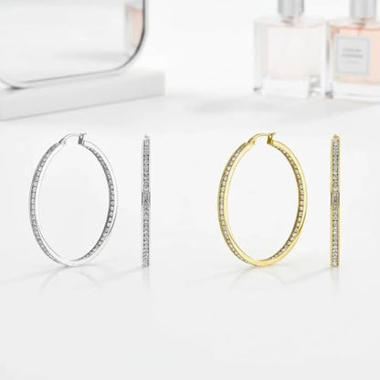 Stainless Steel Inside Out 40mm Hoop Earrings for Women – Sparkling CZ Crystal Hoops, Hypoallergenic, Lightweight, Modern Everyday Earrings – Silver, 18K Gold Plated, & Black Options - color: Silver + 18K Gold Plated