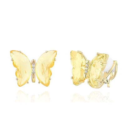 YOQUCOL Butterfly Shape Crystal Clip On Earrings Non Pierced Golden Stud for Women - color: Yellow