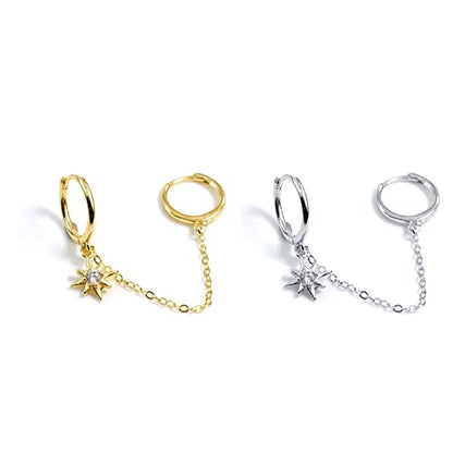 Dainty Star Burst Tassel Dangle Hoop Earring Cubic Zirconia Crystal Cartilage Climber Hugggie Hoops Earring Stars Drop Long Chain Crawler Wrap Cuffs Fashion Jewelry Gifts for Women Daughter
