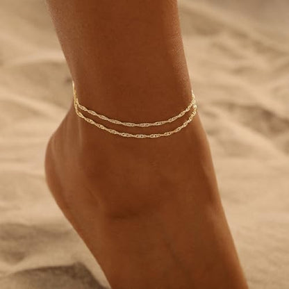 ASCOMY Ankle Bracelets for Women 14K Gold/Silver Plated Anklets for Women Waterproof Layered Cute Beads Dot Shining Twist Rope Chain Pearl Bar Link Heart Anklets Summer Beach Foot Chain Jewelry Gifts - style: Thin Twisted Rope-GD
