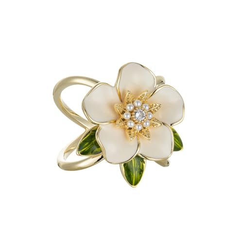 Elegant Gardenia Flower Scarf Ring for Women CZ Crystal Floral Silk Scarf Clip Scarves Buckle Shawl Brooch Statement Finger Ring Decoration Accessories for Mother