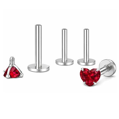 Titanium Heart CZ Labret Stud Earrings for Piercings by Ginger Lyne 6Pc Set G23 Screw Front Flat Back Body Jewelry 2 pair post 6mm, 8mm Cartilage, Helix, Tragus, Lip, Conch, Lobe - color: 3mm-Red